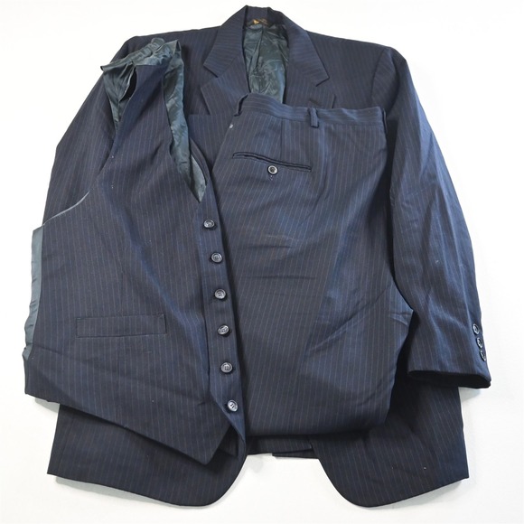 Vtg USA Made 42S 38x29 Navy Blue Striped 3 Piece Vest Mens Jacket Pants Suit